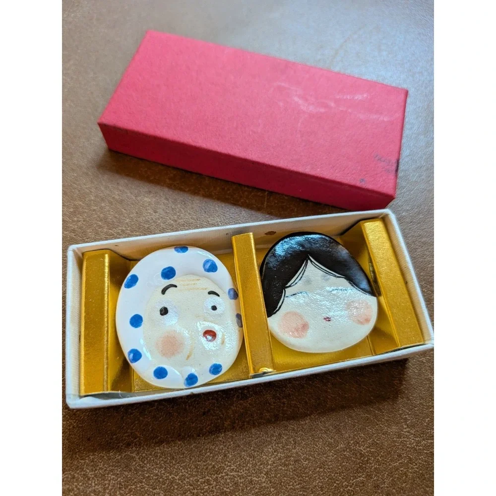 Vintage Hyottoko & Okame Josui Hashioki Japanese Ceramic Chopstick Rests Set